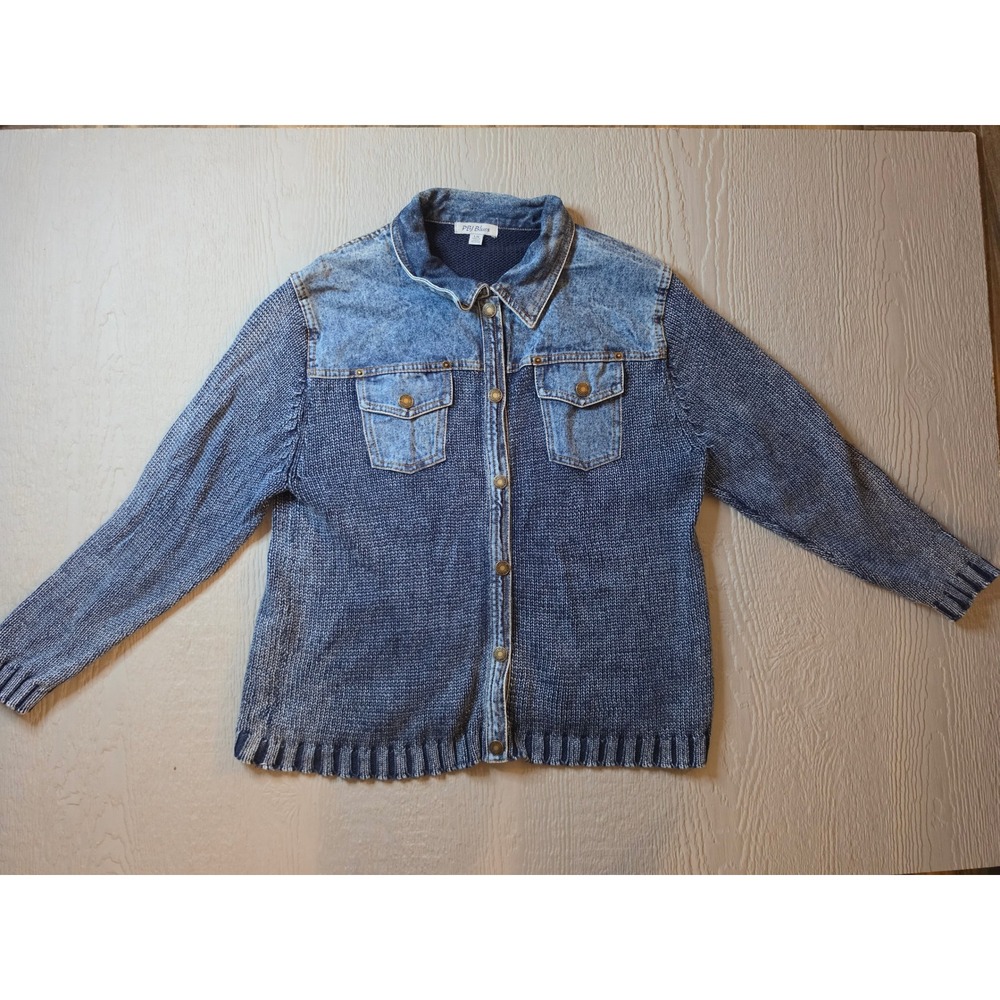 PBJ Blues Denim Knit Mixed Media Button Front Cardigan Sweater Acid Wash Large